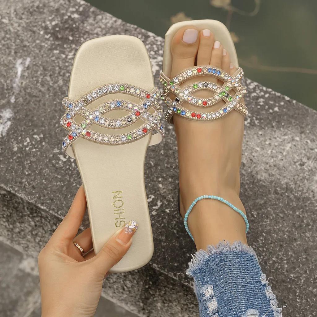 Crystal Rome Women Slippers Fashion Summer Bling Flat Shoes Women Comfort Outdoor Casual Sandals Party Slippers Slides Women