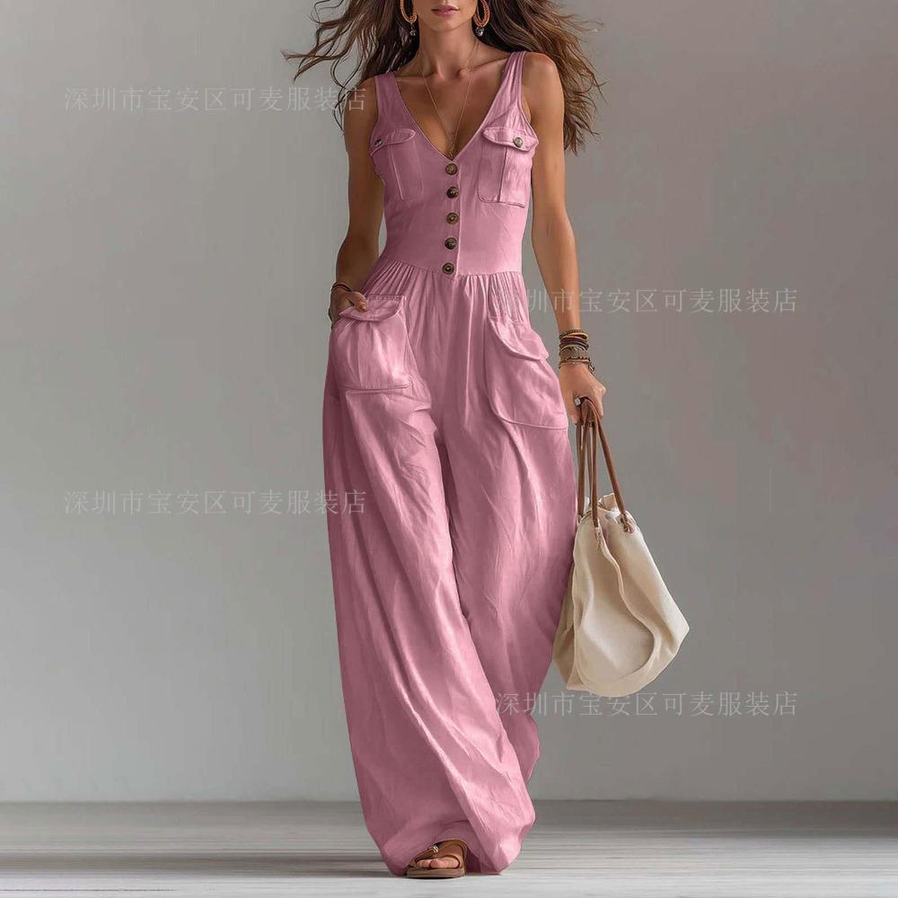 Europe, America, summer pocket V-neck button-up vest comfortable jumpsuit women