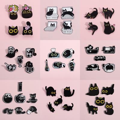 4-7pcs Black Cats Enamel Pins Cartoon Kitten Terrarium Floral Animal Brooches Lapel Badges Funny Jewelry Gift For Fans Friends