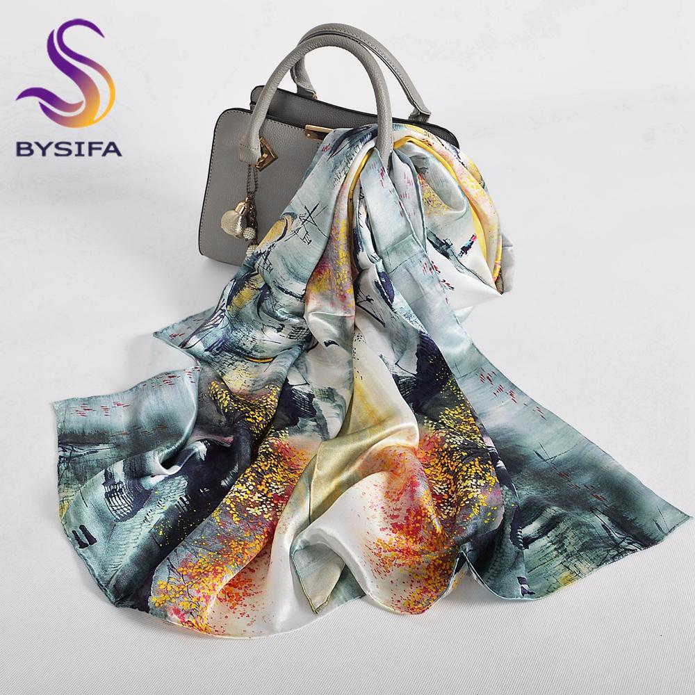 [BYSIFA] New Luxury Pure Silk Scarf Shawl Women Spring Autumn Long Scarves Ladies Brand 100% Silk Neck Scarf Foulard 175*52cm