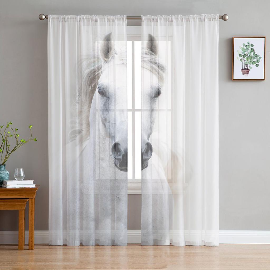 Animal Horse Tulle Curtains Modern Chiffon Sheer Voile for Living Room Kitchen Decoration