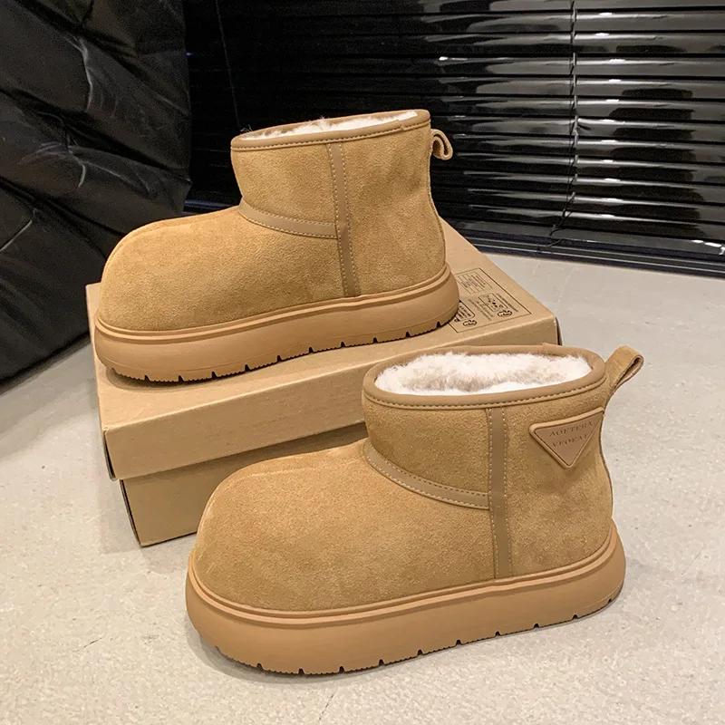 

Модные Новые Женские Зимние Ботинки на Толстой Подошве Капибара Снежные Ботинки Хаки Кожа Однотонные Плюшевые Ботинки Хлебцы Обувь на Платформе 40 верблюд