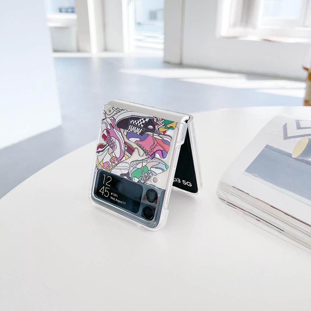 For Samsung Galaxy Z Flip 4 3 Flip4 Flip3 Case Trend Fashion Label Pattern Painted Transparent Shockproof Folding Hard Back Case