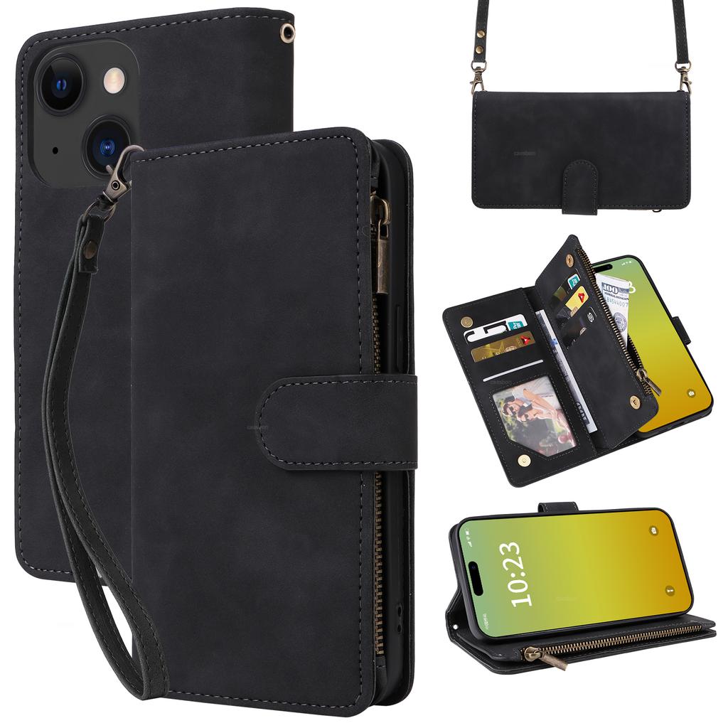 For iPhone 15 Plus Case Zipper Multi-Pocket Wallet Leather Phone Cover with Shoulder and Wrist Straps