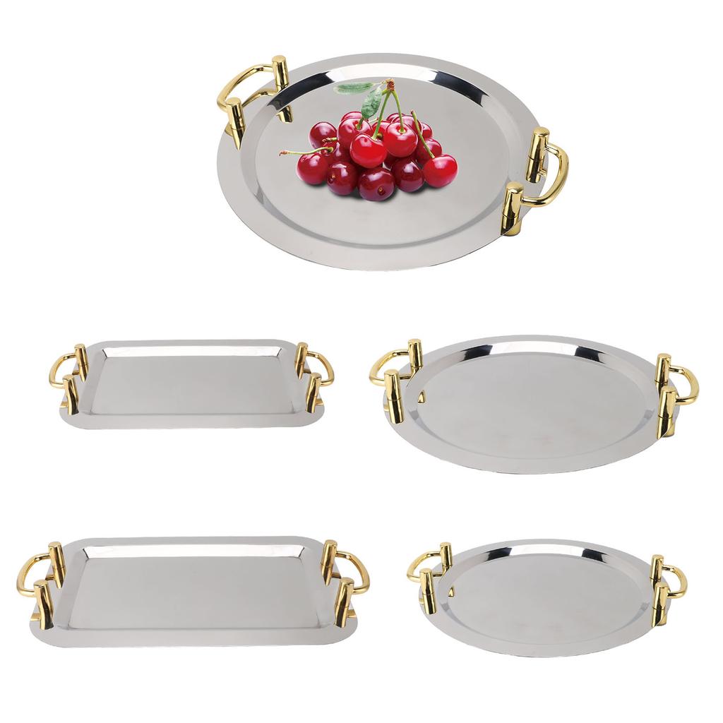 Stainless Steel Serving Tray Exquisite Elegant Mirror Surface Golden Carrying Handle Dinner Plates for Hotel Buffet
