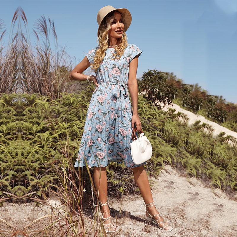 YYFS Dámská móda Léto Jaro Květinový potisk Neformální šaty s krátkým rukávem do O-výstřihu a vysokým pasem