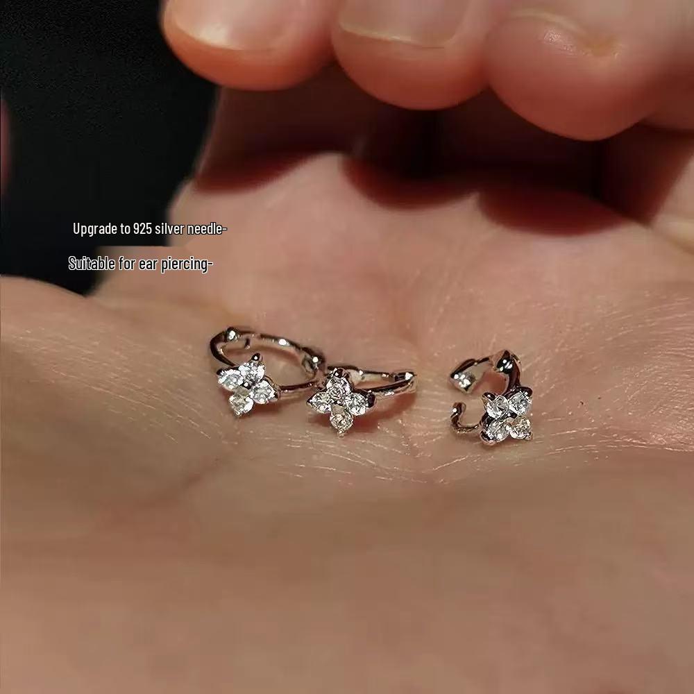 Ins Edge Four-Leaf Clover Micro-Inlaid Stud Ear Cuff Earrings: Shiny and Trendy Ear Bone Design