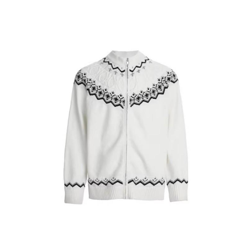 Unisex Oversized Zip-Up Knit Sweater With 3D Fair Isle Loose Fit Long Sleeve Pullover Winter
