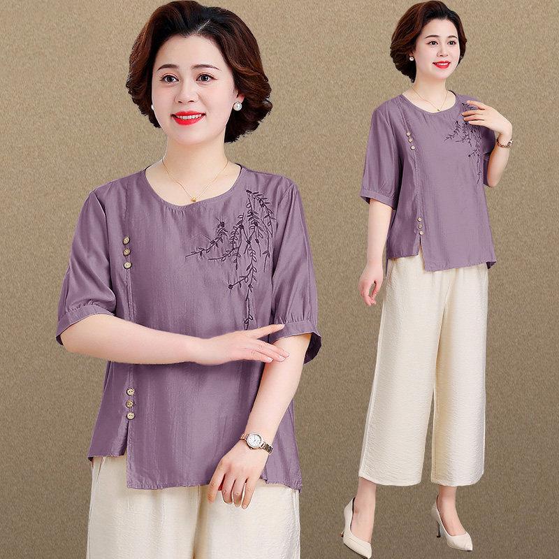 

2026 New Chinese Style Summer Clothing Set: Middle-Aged & Elderly Women s Cotton Linen Short Sleeve Shirt XL (Recommended below 105 jin)