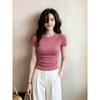 Crew Neck Front Shoulder Short Sleeve T-Shirt Women's Summer Rose Pink Slim Skinny Korean Wear Dopamine Reducing Top