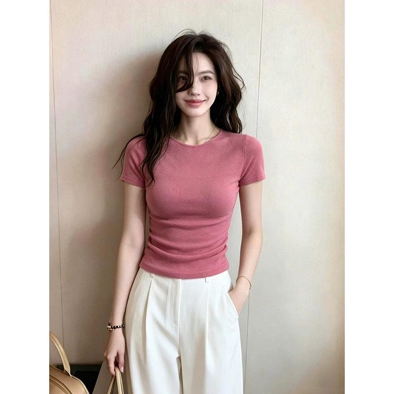 Crew Neck Front Shoulder Short Sleeve T-Shirt Women's Summer Rose Pink Slim Skinny Korean Wear Dopamine Reducing Top