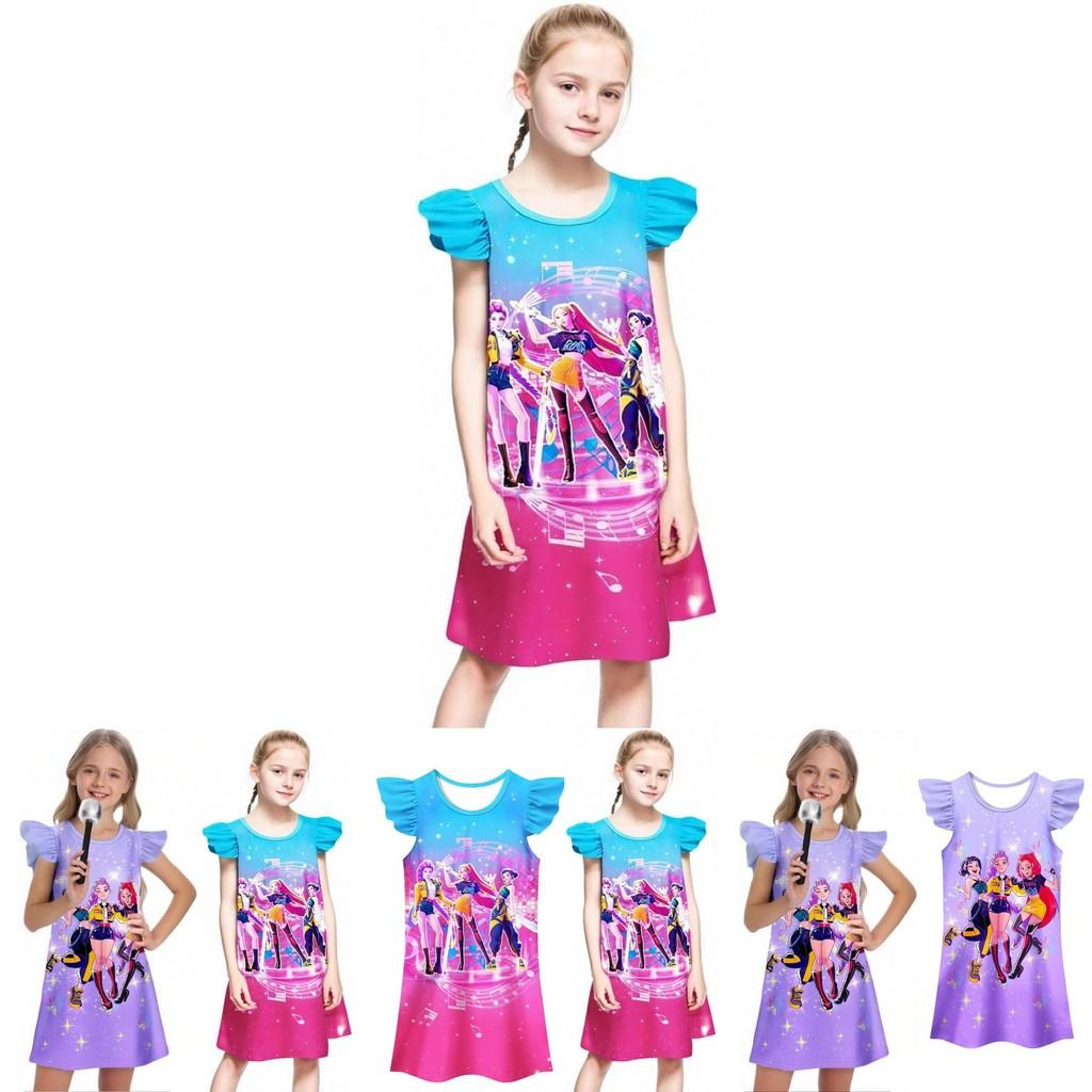 Kpop Demon Hunters Pattern Girl Sleep Dress With Cartoon Pattern For Kids Summer Wear