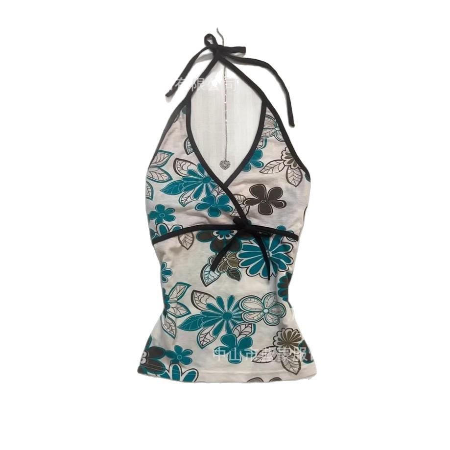 Blue & White Floral Halter Tank for Women - Slimming, Sleeveless Base Layer