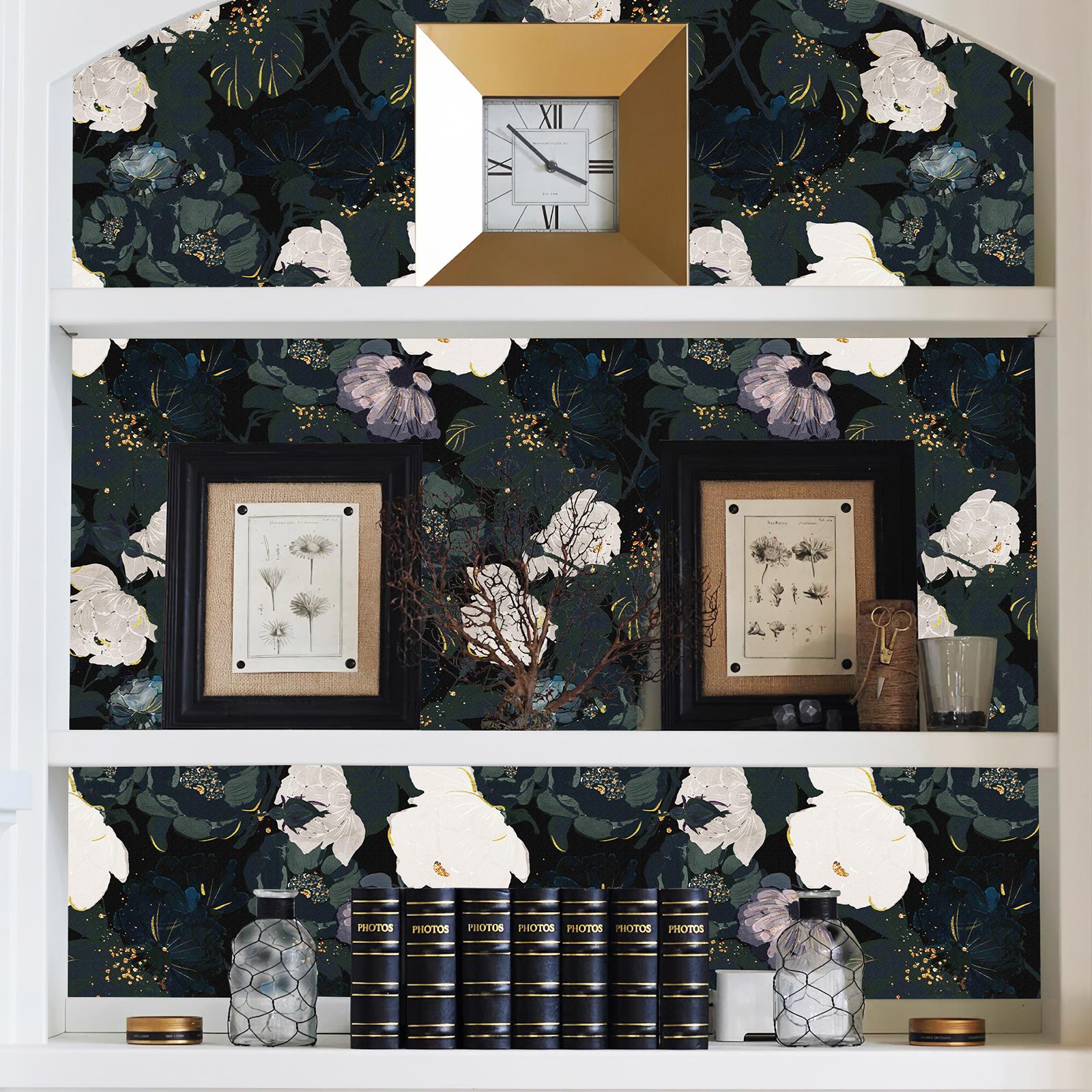 

Темно-черные самоклеящиеся обои с цветочным рисунком, традиционный фестиваль, виниловый декор для стен, белые цветы, самоклеящаяся наклейка для шкафа 44cmx300cm