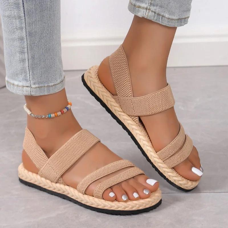 Ladies Shoes 2025 Open Toe Women's Sandals Summer Elastic Band Casual New Plus Size Concise Best Seller Flat Sandals