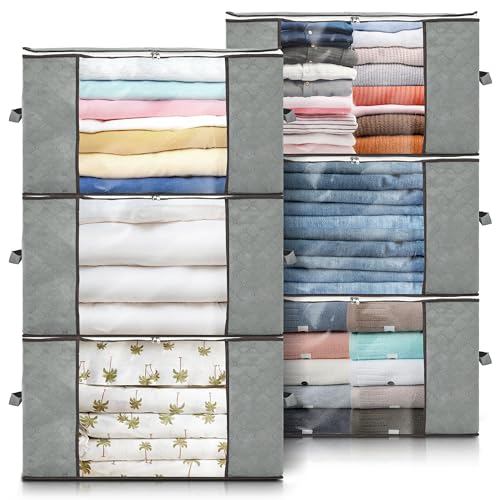 Ohbien Set of 6 Clothing Storage Cases, 60 X 40 X 35cm, Large Capacity 84L, Non-Woven Fabric, Dustproof, Breathable, Foldable, with Transparent Window