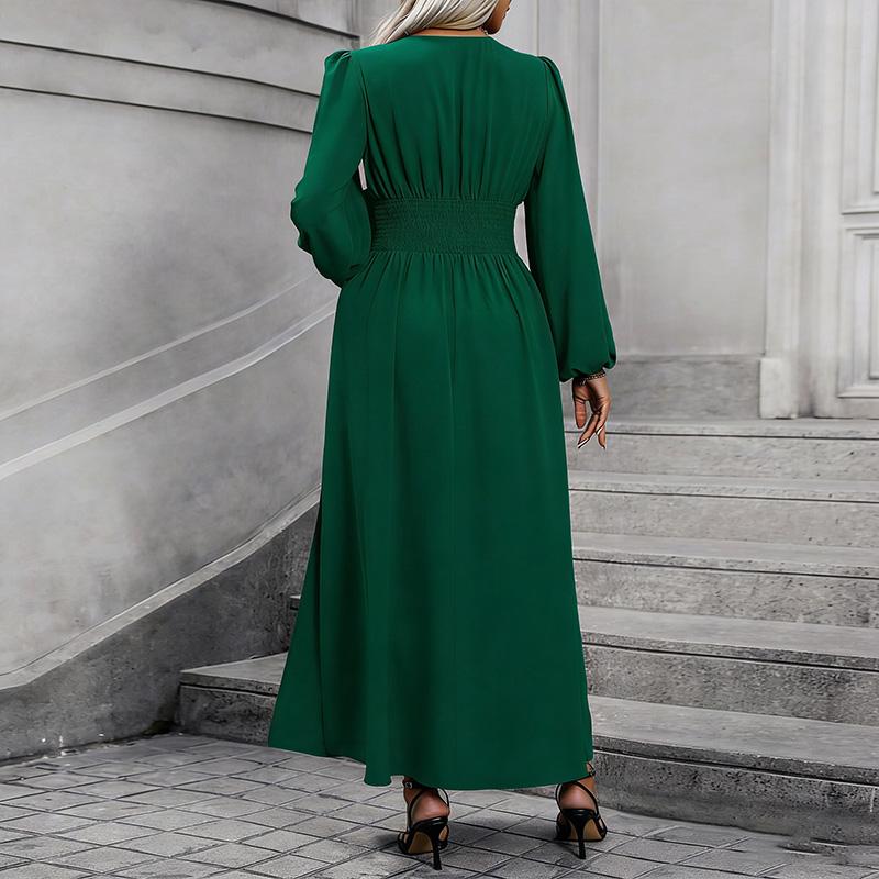 Women's Puff Sleeve Smocked High Slit Dress Fall Winter Elegant Party Dress for Women