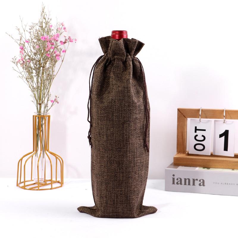 10pcs Christmas New Year Party Champagne Red Wine Drawstring Linen Wine Bottle Packaging Bags Decor Gift Supplies