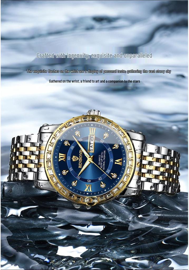 Men's Genuine Diamond-Inlaid Mechanical Watch – Trendy, Waterproof, Double Calendar, Luminous Quartz.