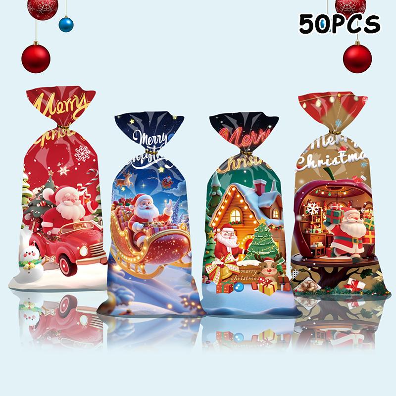 50 Pcs Merry Christmas Cellophane Bags With Twist Ties Xmas Clear Cello Candy Gift Bags New Year'S Eve Christmas Party Decoration