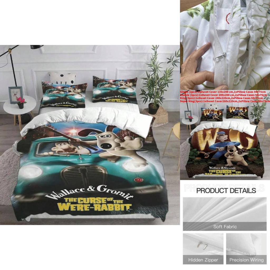 Wallace And Gromit Pattern Print Bedding Set With Multisize Options For Bedroom Use
