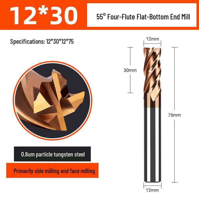 55° CNC Tungsten Steel 4-Flute End Mill, Alloy Coated, Superhard Flat Milling Cutter for Stainless Steel