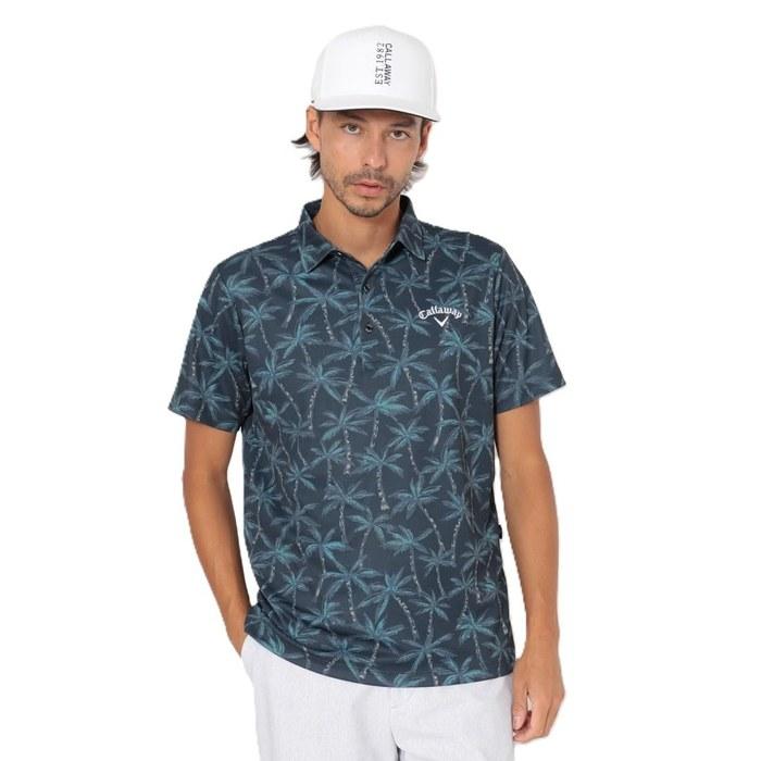 Callaway Polo Shirt C26134121 -3℃ Cool, Sweat-Wicking, UV-Cut, Palm Tree Pattern, Men s, Navy, M