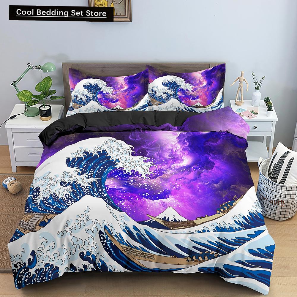Ozeanwelle Bettwäscheset 3D Abstrakte Kunst Bettbezug King/Queen Größe mit Kissenbezug Aquarellstil 2/3-teilig Polyester Steppdeckenbezug
