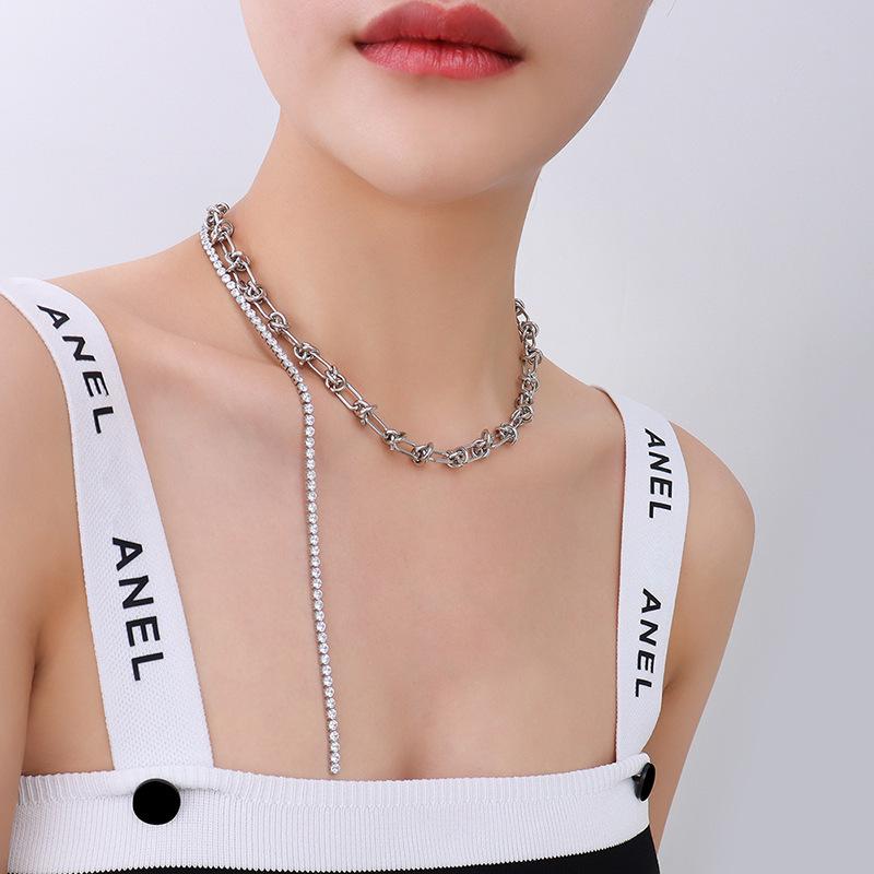 Spicy Girl Trend Patchwork Chain Tassel Zircon Choker: Cool European and American Collarbone Necklace P032