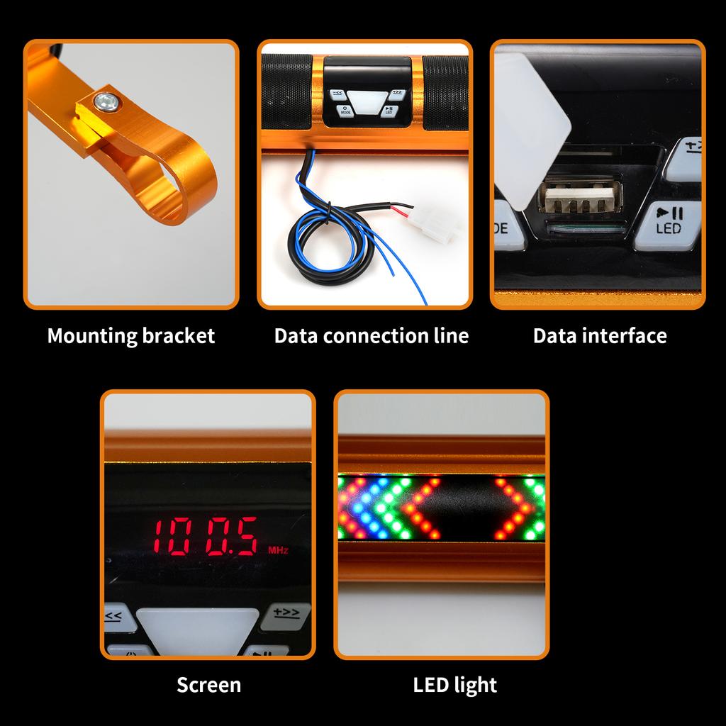 Motorcycle Stereo Speaker, Waterproof BT MP3 Music Player Audio Amplifier System, Handlebar Mounted Sound Bar with USB,