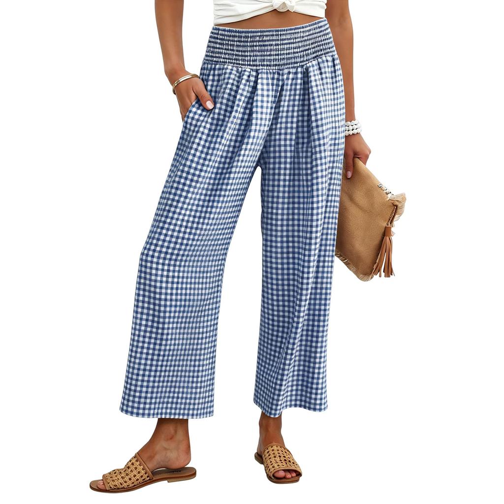 Women’s Wide Leg Pants High Waist Smocked Waistband Loose Fit Print Casual Trousers with Pockets