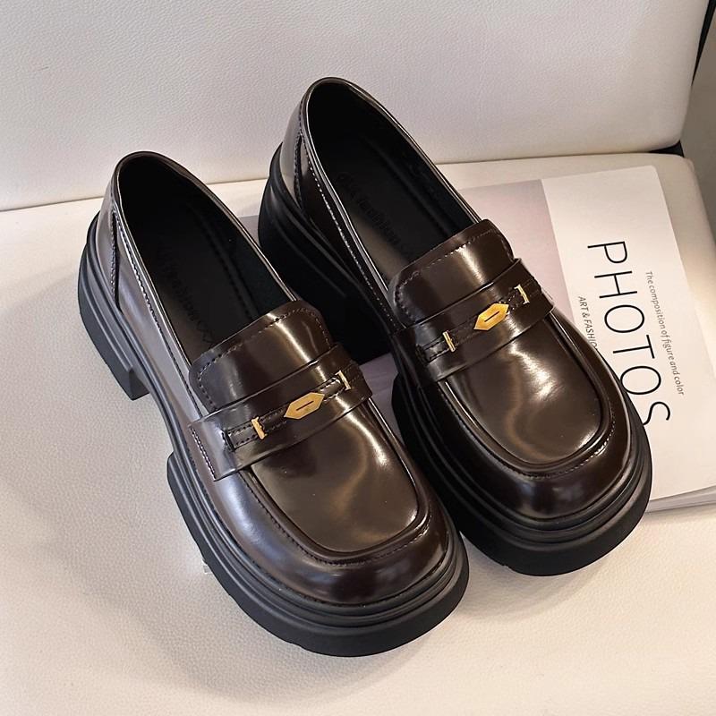 

Женские кожаные туфли в британском стиле Zhike, осень 2025, на толстом каблуке, одинарные туфли на высокой платформе, черные лоферы-слипоны 40 коричневый