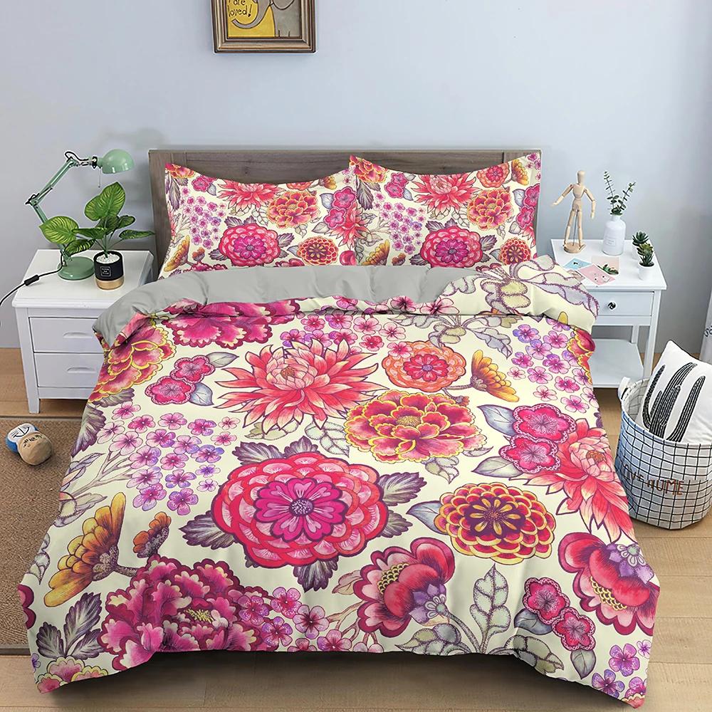 Vintage Flower King Queen Duvet Cover Peony Sunflower Bedding Set Tropical Floral Quilt Cover Boho Polyester Comforter Cover