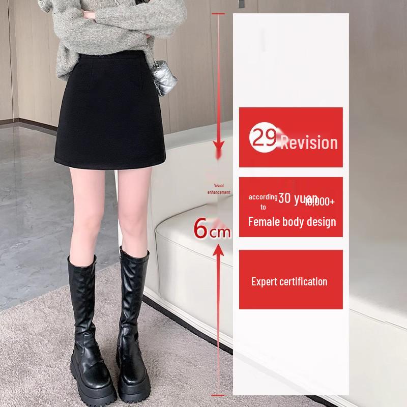 Women's High Waist Black Wool Mini Skirt - A-line, Plus Size, Hip-hugging, Versatile for Autumn/Winter 2025.