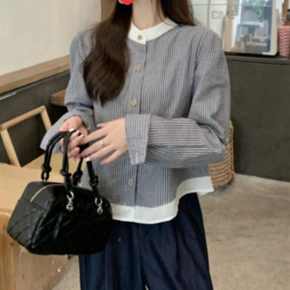 New Arrivals Open Run Women Long Sleeve Two Tone Stripe China Blouse