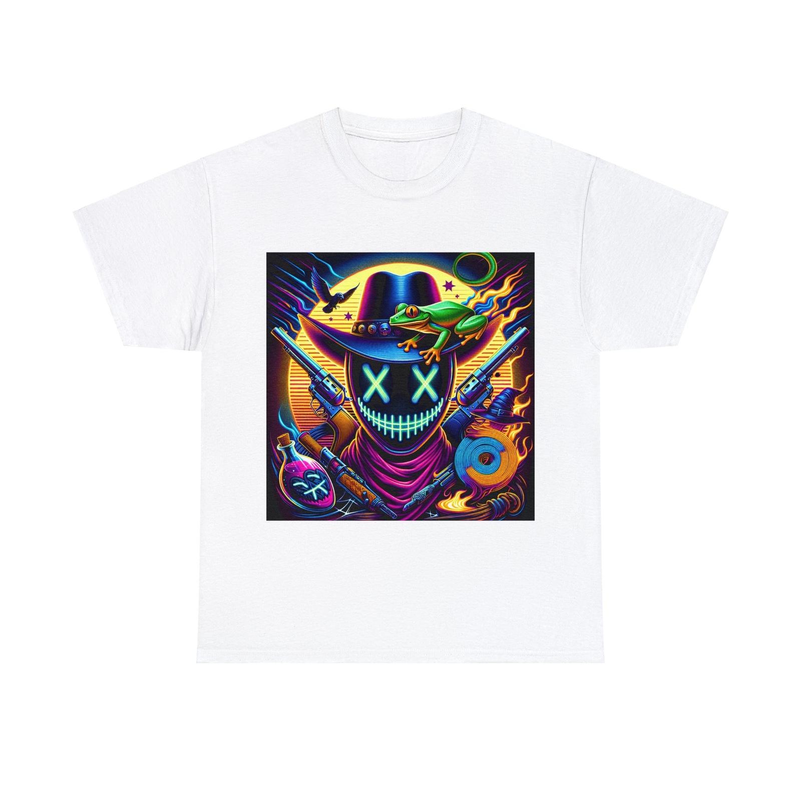 Unisex Adult T-Shirt Neon Cowboy Skull Frog Wild West Guns Vintage Style Weird S
