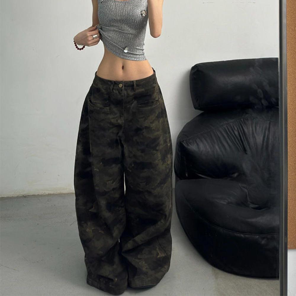 

RogueWave Женские джинсы с высокой посадкой, мешковатые, повседневные, винтажные, Y2K, камуфляжные, прямые брюки, уличные, американские, широкие джинсы S армия зеленый