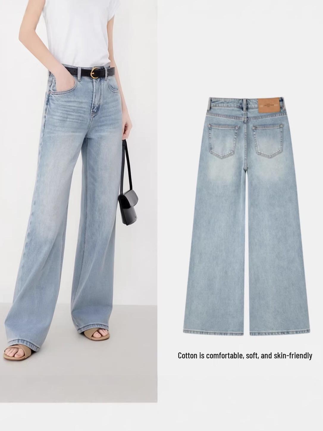 

Spring 2026 Women s High Waist Light Blue Cotton Stretch Jeans - Floor-Length, Slimming, Straight and Wide Leg. Small светло-синий