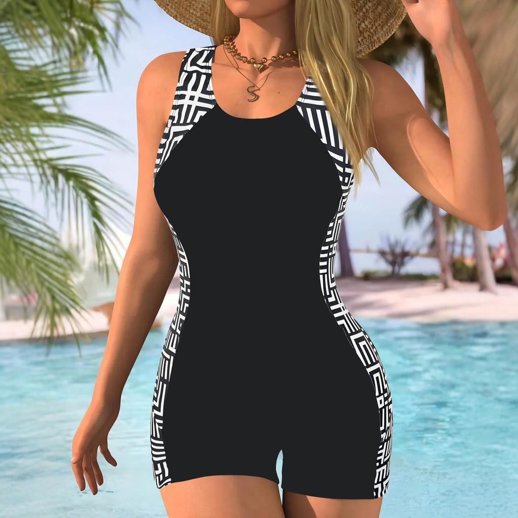 New one-piece swimsuit women's racing swimsuit conservative slim geometric splicing professional sports training swimsuit backless