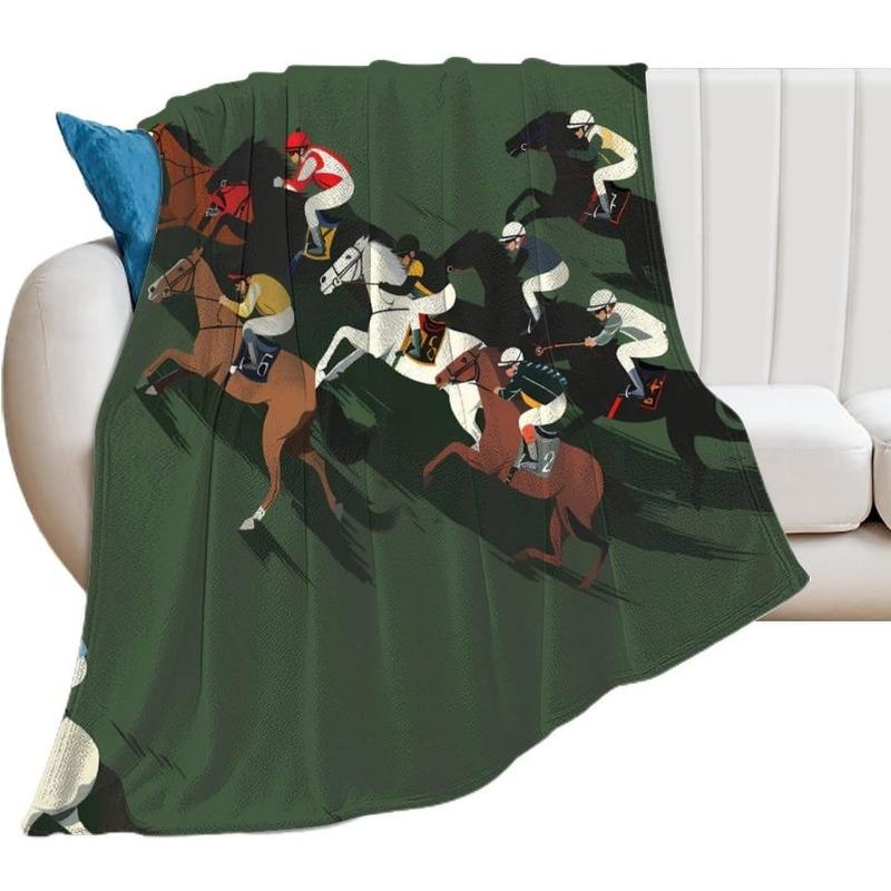 1ks 51,2x59,1 palce Měkká přehoz z umělé kožešiny - Současný vzor koňských dostihů, Živě zelená s vícebarevnými žokeji, Vše-S