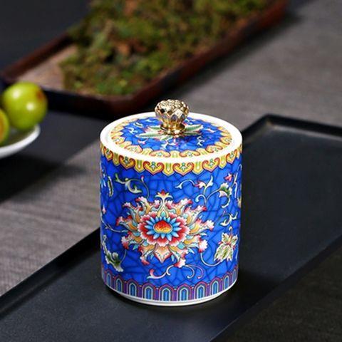 Creative Enamel Painted Flowers Ceramic Tea Jar Moisture-proof Seal Coffee Bean Candy Jar Kitchen Food Storage Container Decor