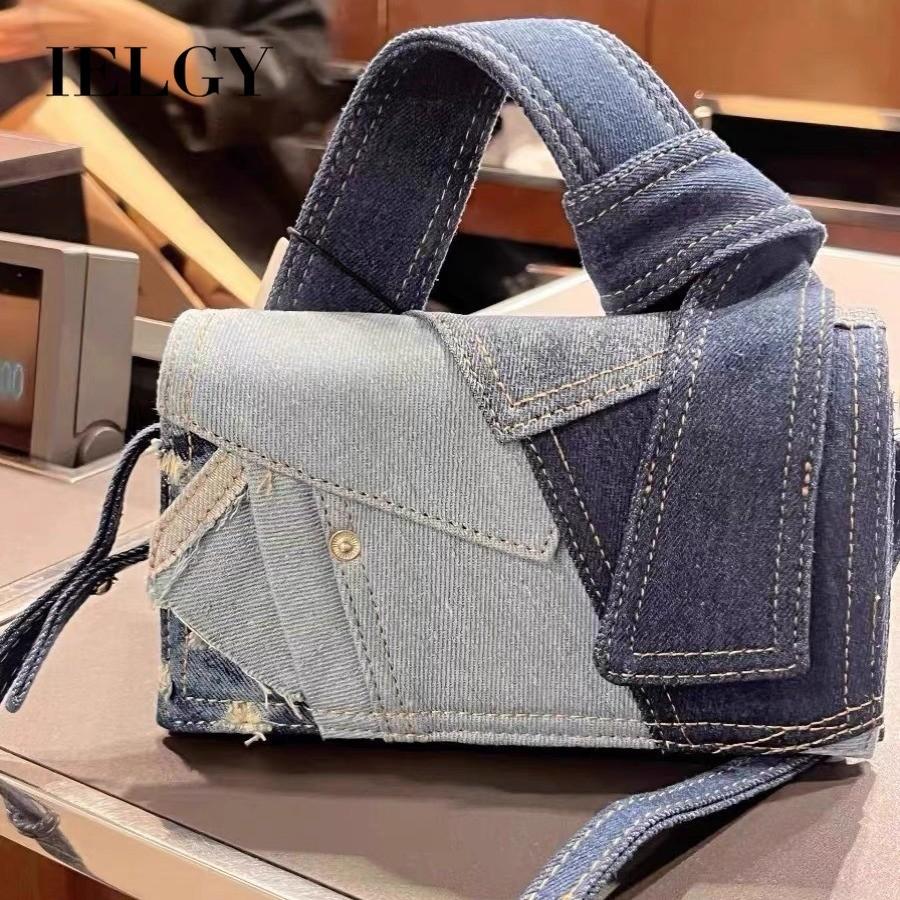 IELGY Niche Versatile Denim Spliced Oblique Span Bag, Commuter Portable Small Square Bag, Korean Casual Shoulder Bag