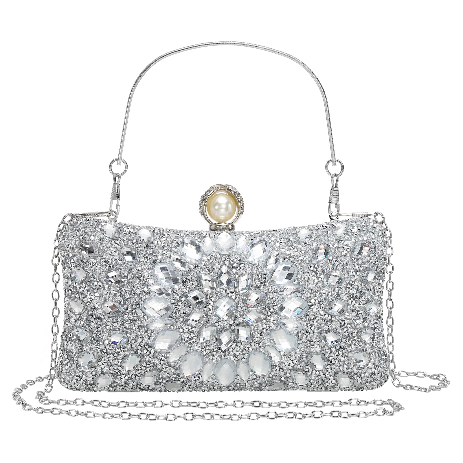 

uxcell Женская вечерняя сумка, Искрящаяся сумочка-клатч со стразами и кристаллами, с двумя цепочками-ручками, серебристая, для свадеб, вечеров и выходных