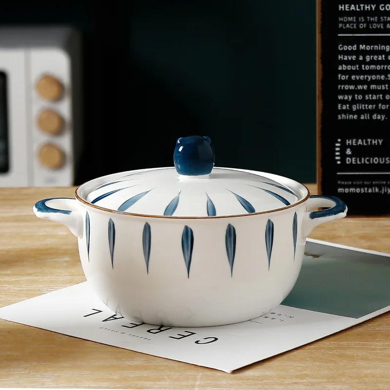 

Ceramic Instant Noodle Bowl with Lid Japanese Binaural 6-Inch Salad Bowl Porcelain Small Soup Pot Household Tableware Kitchen