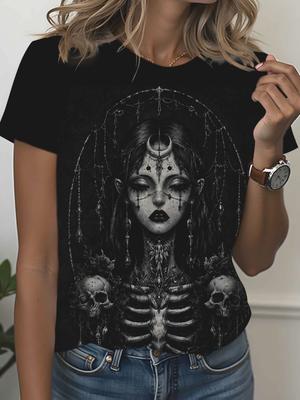 Dark Gothic Style Printed Women'S Round Neck Loose Short Sleeve T-Shirt, All-Season Wear for Casual Commute