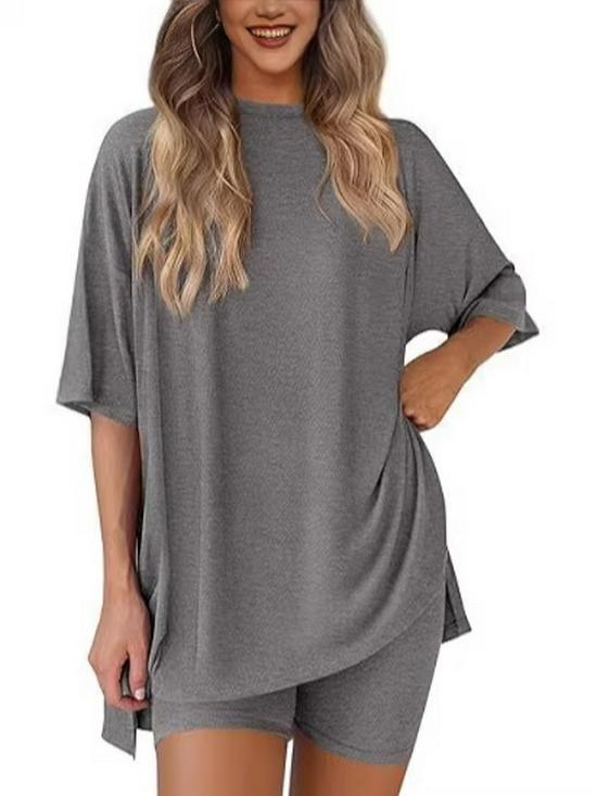 2026 Women's Casual Round Neck Slit Loose Short Sleeve Home Wear Set