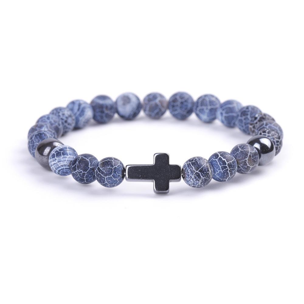 Natural Stone Cross Bracelets Colorful Weathering Agate Cross Elastic Rope Bracelet For Men Women Charm Yoga Jewelry