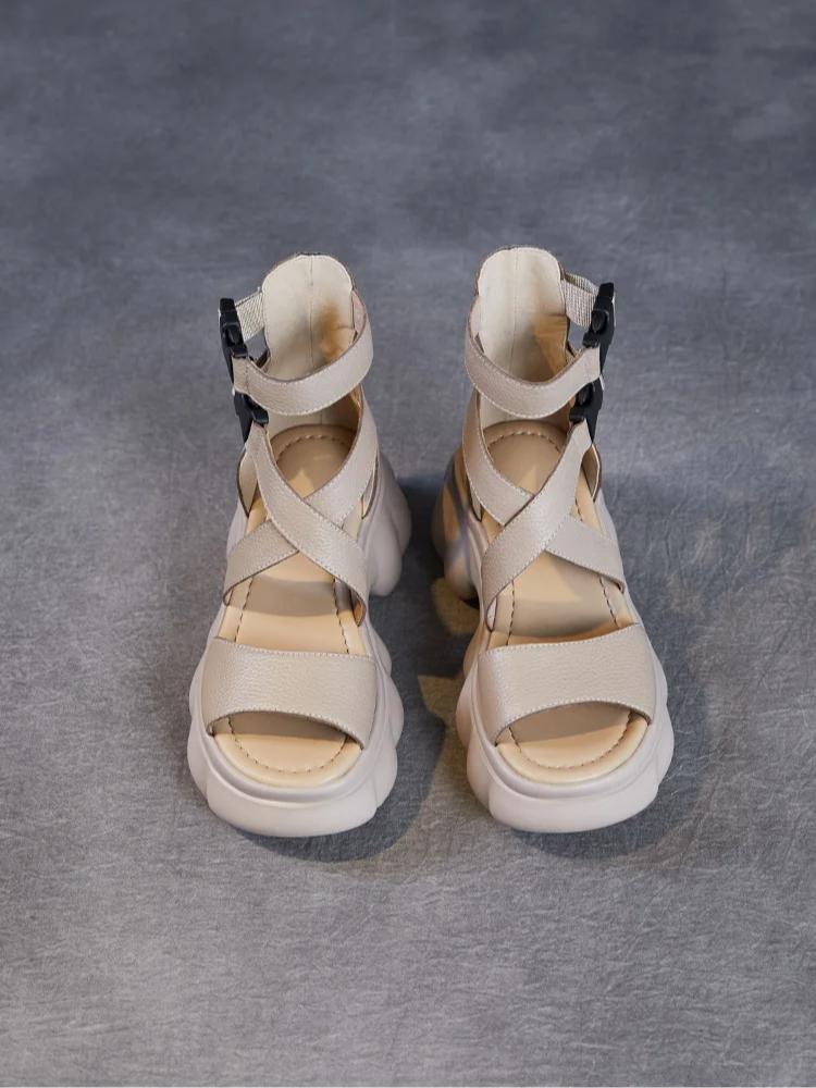 Johnature Roman Peep Toe Thick Soled High Heel Sandals Genuine Leather Buckle Women's Platform Shoes