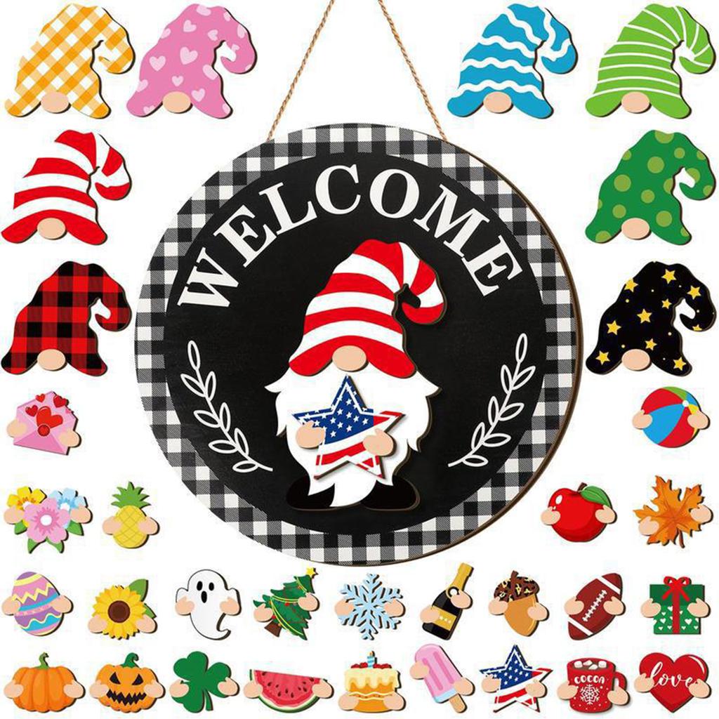 Halloween Gnome Welcome Sign with Magnetic Removable Hats DIY Gnome Door Sign Decor Multi-Purpose Creative Wood Decoration Plate