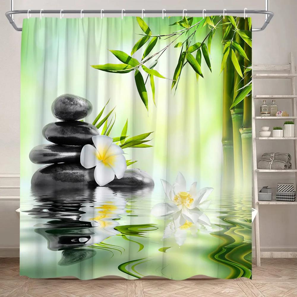 Zen Shower Curtain Landscape Green Bamboo River Lotus Stone Purple Orchid Plant Leaf Polyester Fabric Bathroom Decor Curtain